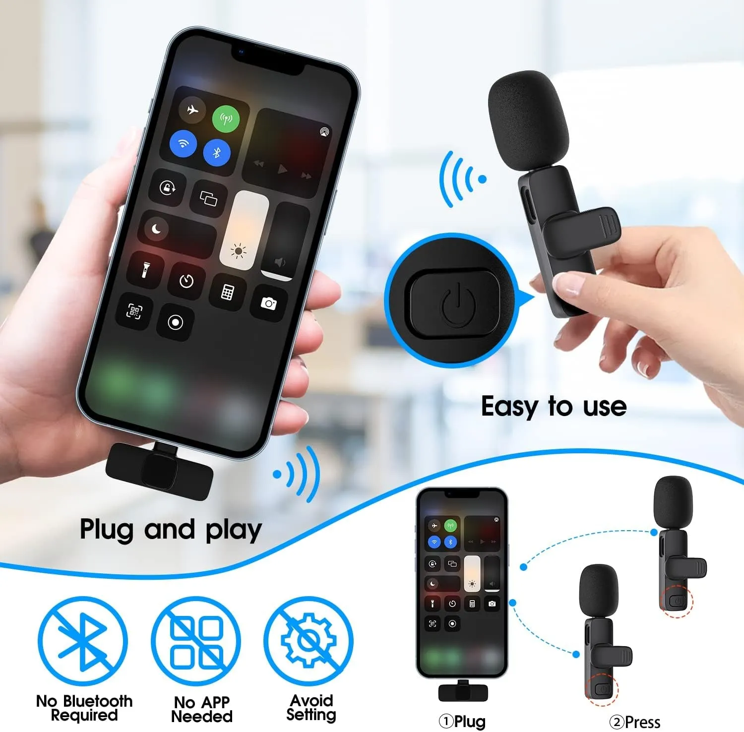 2 Pack Wireless Lavalier Microphone for Iphone Ipad, Lapel Mics Plug-Play 2.4G Ultra-Low Delay Built-In Noise Reduction Chip