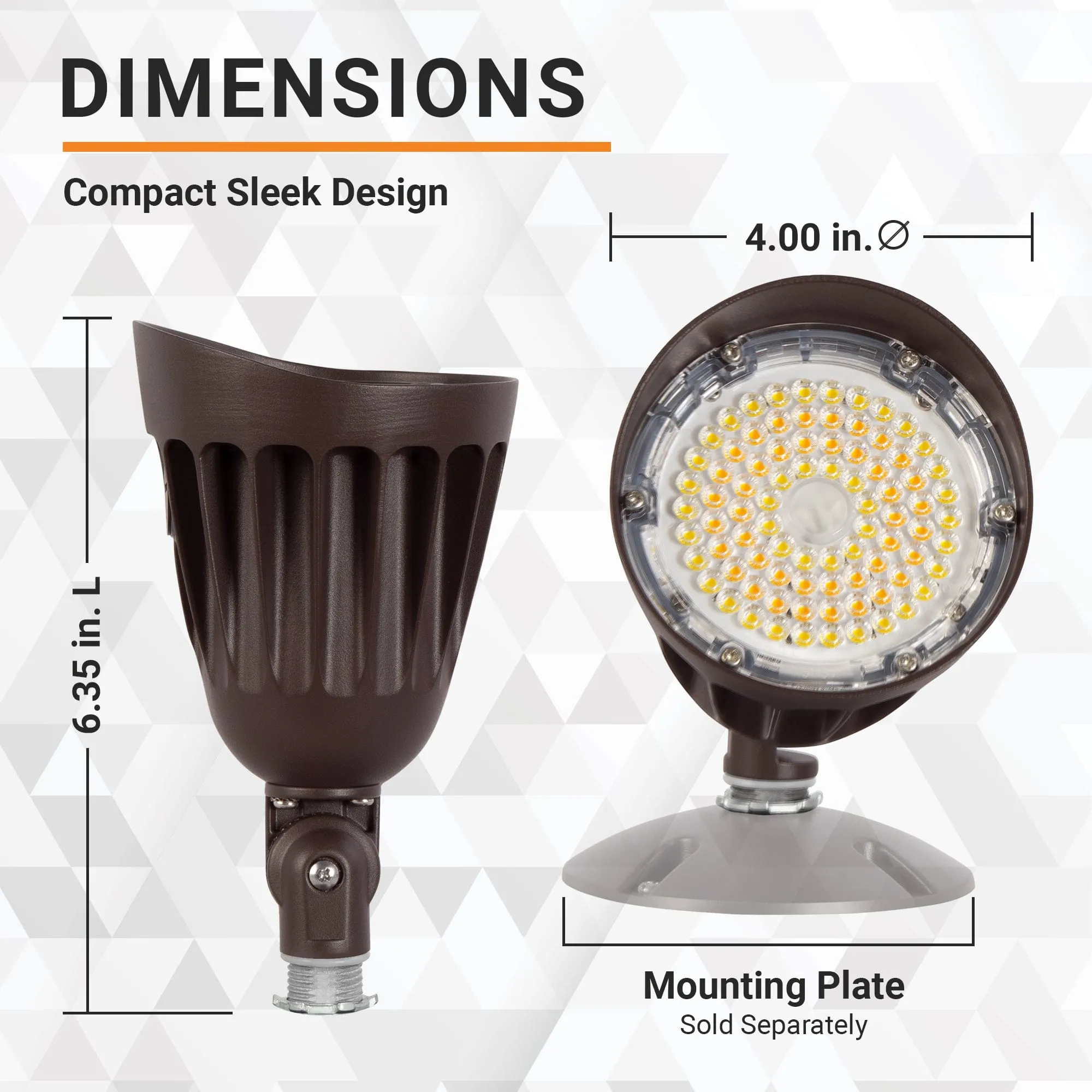 25W/20W/13W LED Bullet Flood Light - 100-277VAC - 3K/4K/5K CCT - NEMA 5H5V Beam Angle - Brown Finish