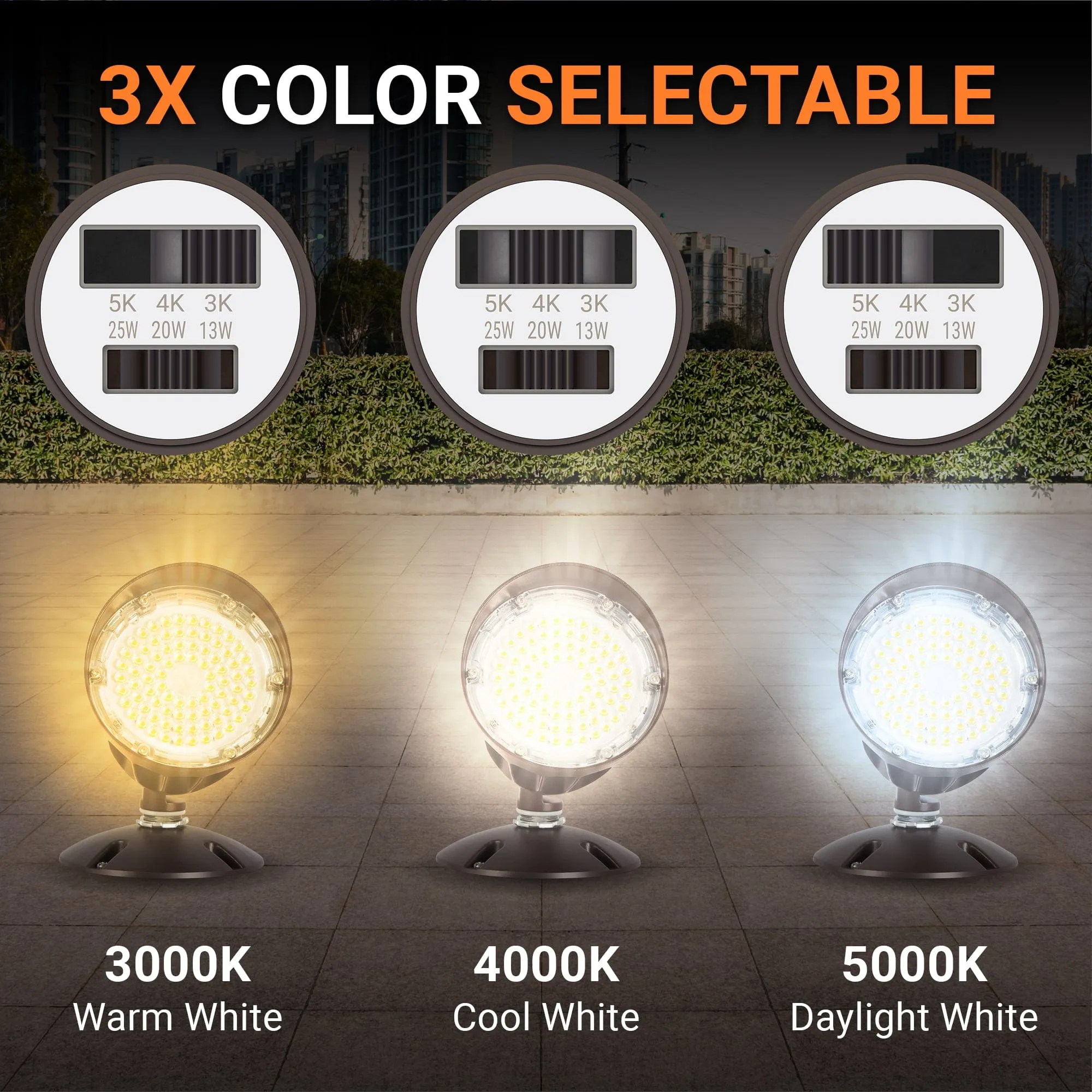 25W/20W/13W LED Bullet Flood Light - 100-277VAC - 3K/4K/5K CCT - NEMA 5H5V Beam Angle - Brown Finish