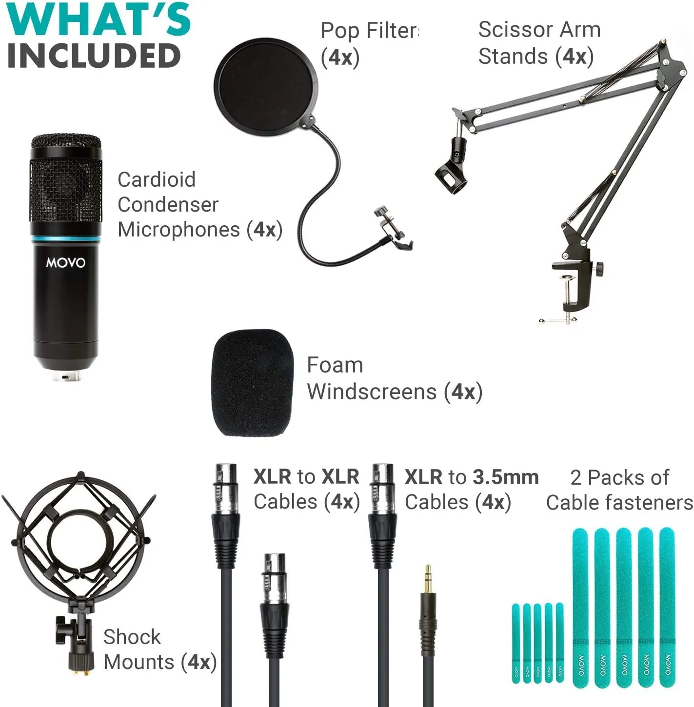 4-Pack Universal XLR Condenser Microphone Podcast Equipment Bundle