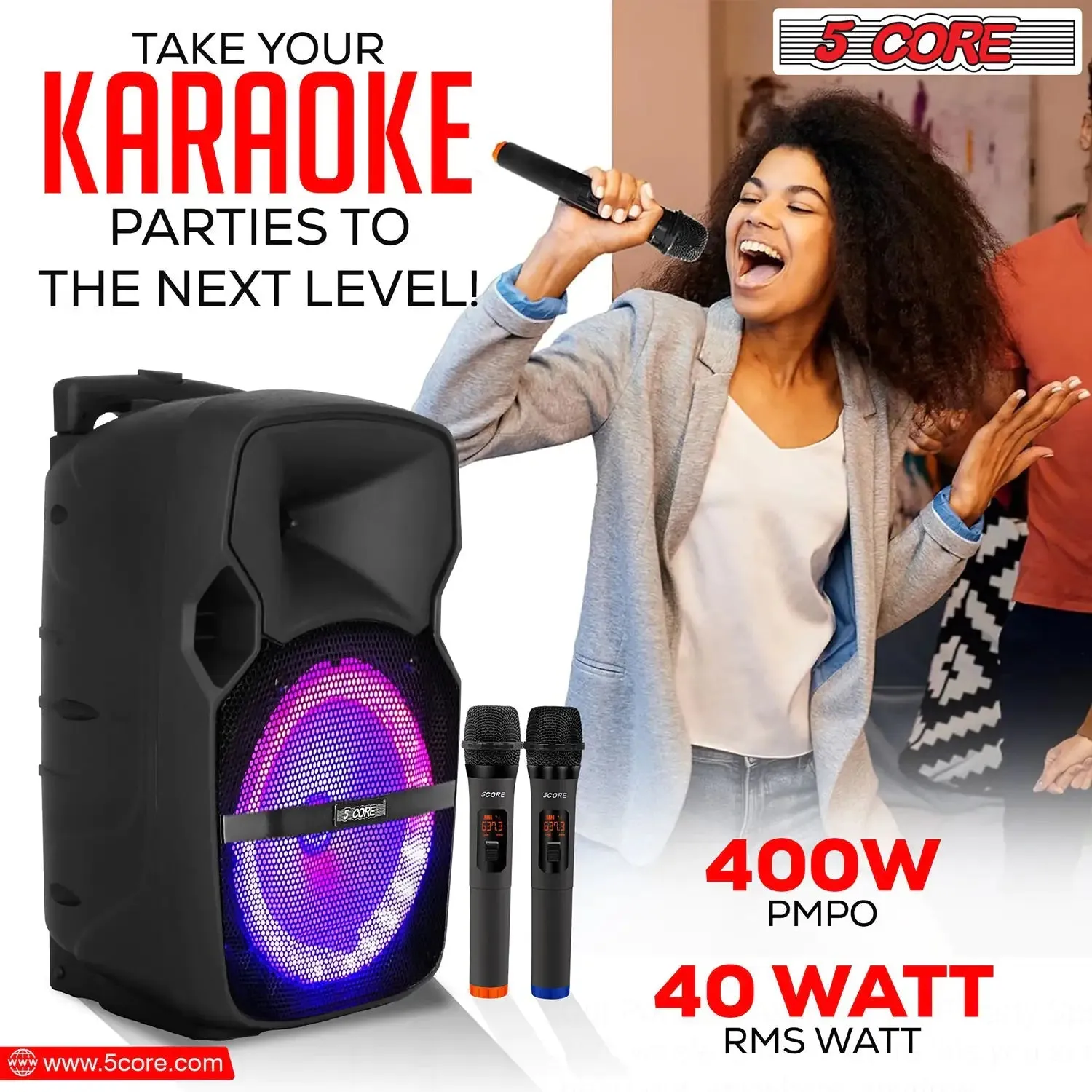 5Core 10 inch PA Portable Bluetooth Party Speaker Karaoke Boombox   2 Wireless Mics