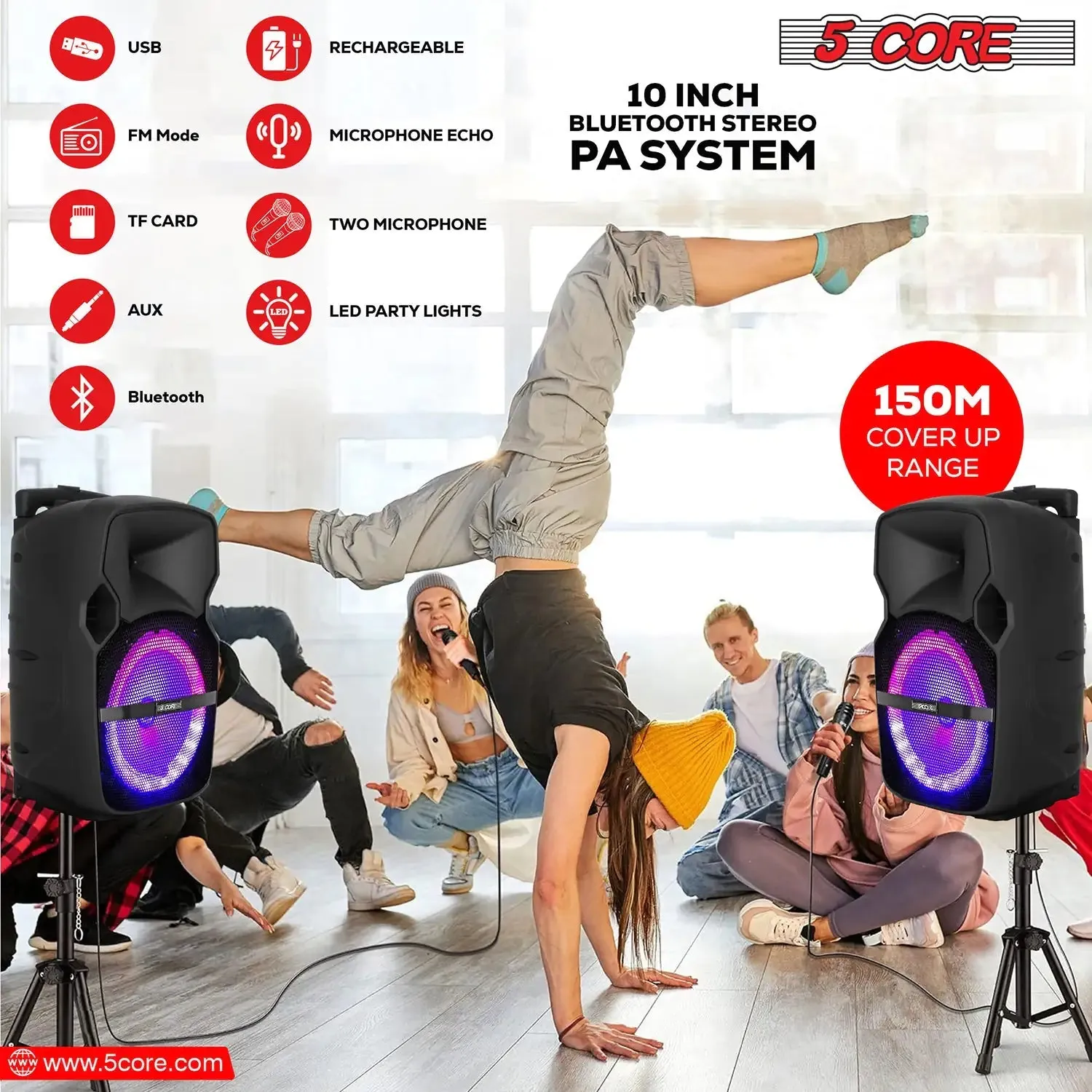 5Core 10 inch PA Portable Bluetooth Party Speaker Karaoke Boombox   2 Wireless Mics