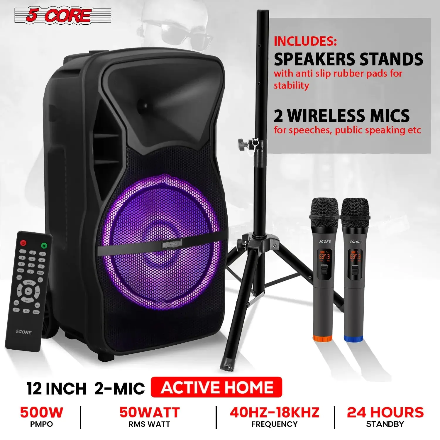 5Core 12 inch PA Portable Bluetooth Party Speaker Karaoke Boombox   2 Wireless Mics