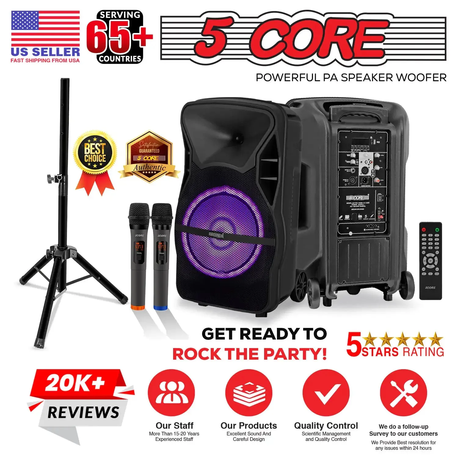 5Core 12 inch PA Portable Bluetooth Party Speaker Karaoke Boombox   2 Wireless Mics