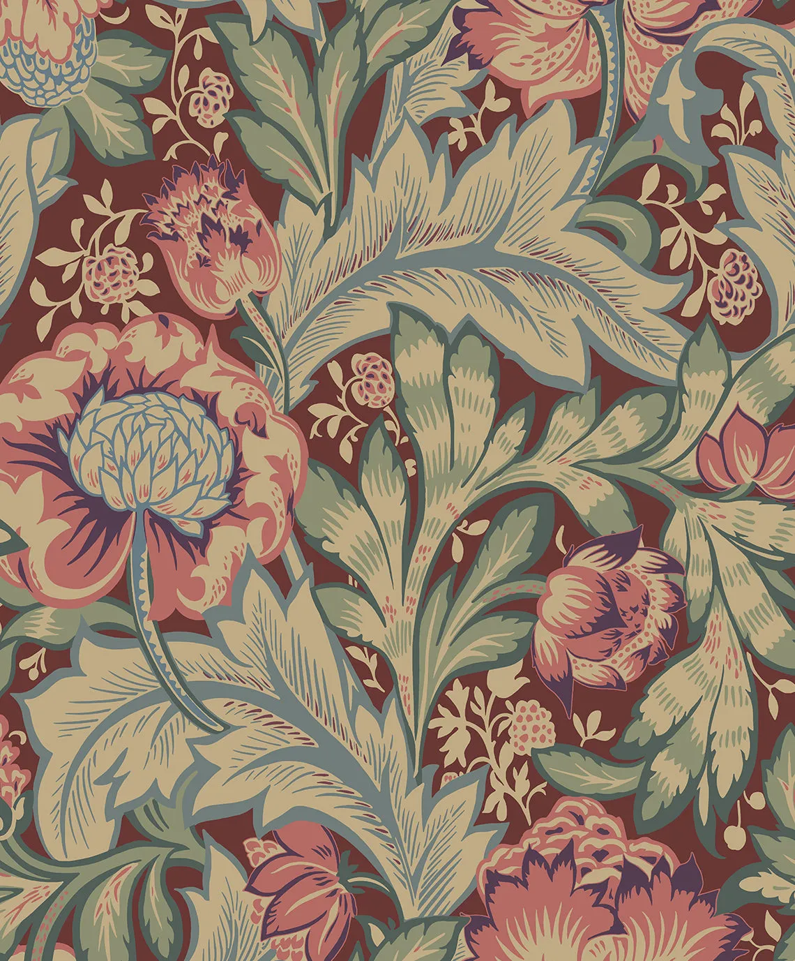 Acanthus Garden Wallpaper in Deep Mauve & Aegean Blue