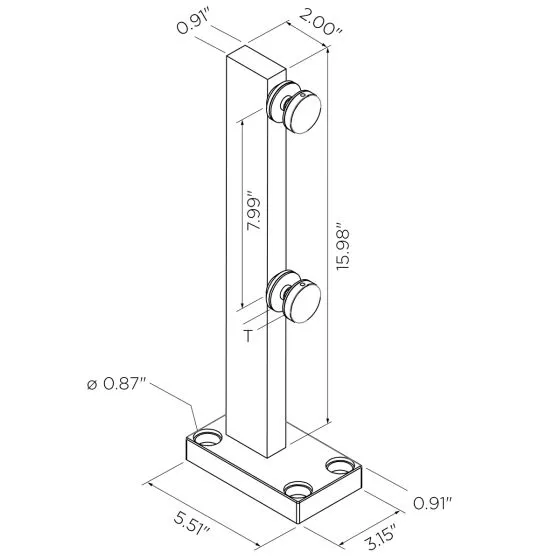 Anodized Silver | Rectangular | Surface Mount Mini Post | Alloy 6063-T5 Aluminum with Standoffs | Alloy 316