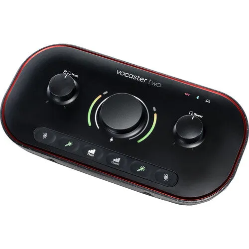 Focusrite Vocaster Two — Podcasting Interface for Recording Host and Guest. Two Mic Inputs and Two Headphone Outputs, with Auto Gain, Enhance, and Mute. Small, Lightweight, and Powered by Computer