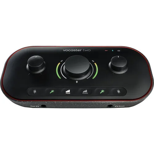 Focusrite Vocaster Two — Podcasting Interface for Recording Host and Guest. Two Mic Inputs and Two Headphone Outputs, with Auto Gain, Enhance, and Mute. Small, Lightweight, and Powered by Computer