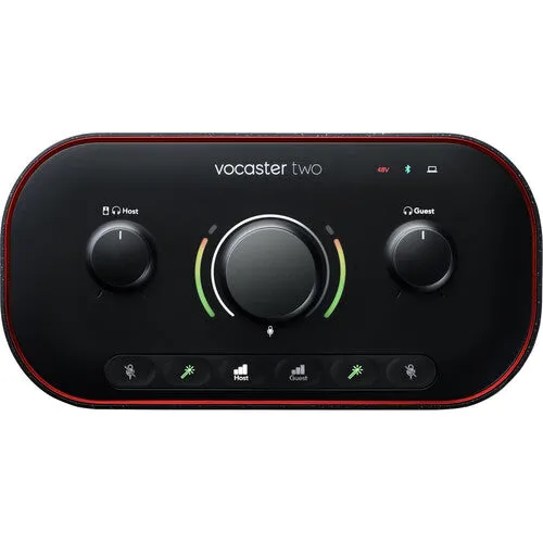 Focusrite Vocaster Two — Podcasting Interface for Recording Host and Guest. Two Mic Inputs and Two Headphone Outputs, with Auto Gain, Enhance, and Mute. Small, Lightweight, and Powered by Computer