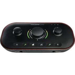 Focusrite Vocaster Two — Podcasting Interface for Recording Host and Guest. Two Mic Inputs and Two Headphone Outputs, with Auto Gain, Enhance, and Mute. Small, Lightweight, and Powered by Computer