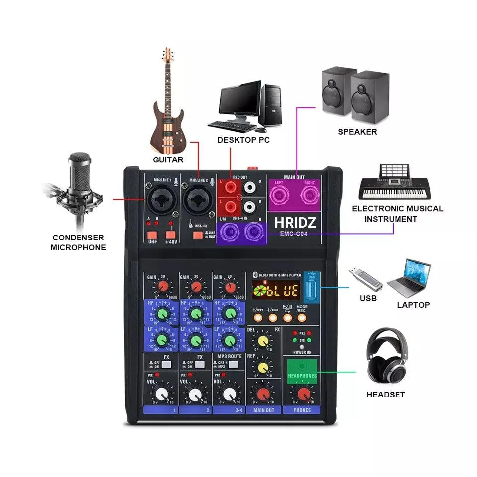 Premium HRIDZ EMC-G04 Audio Mixer with UHF Wireless Microphone for DJ, Karaoke, PC Recording