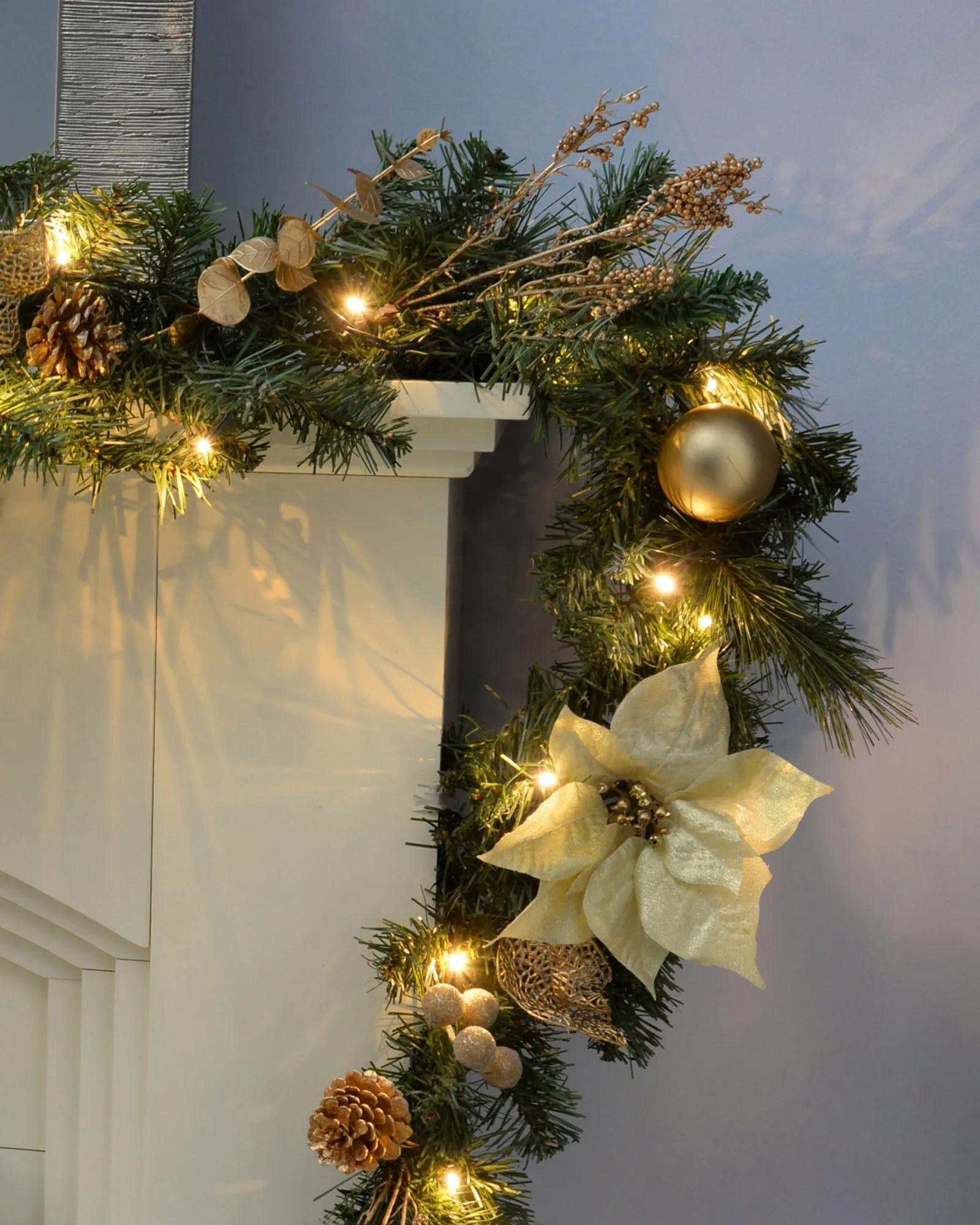 Pre-Lit Decorated Garland, Cream/Gold, 9 ft