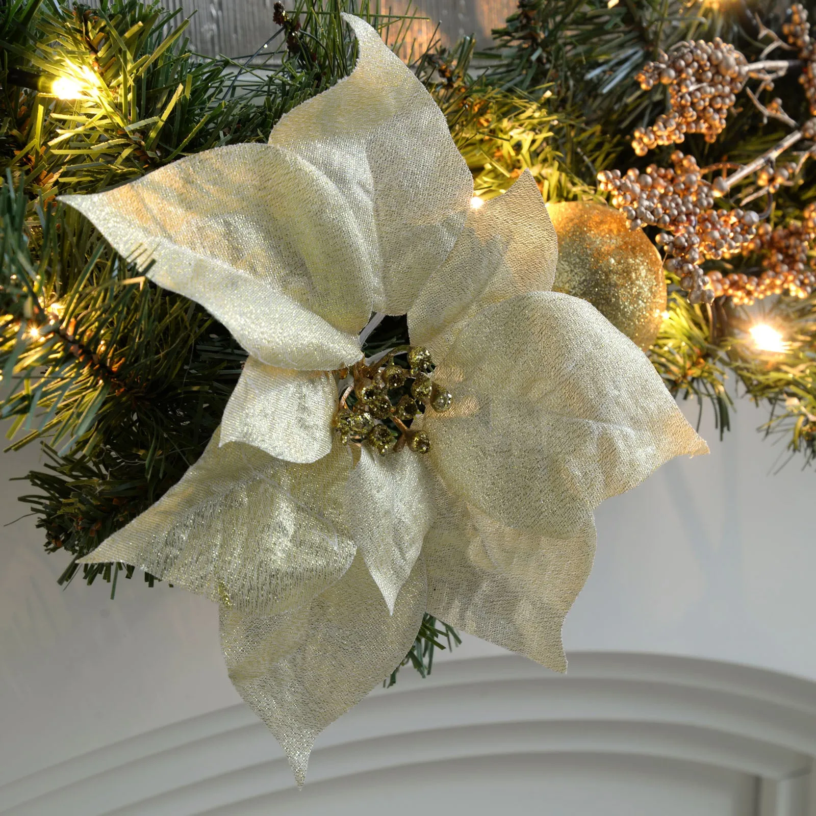 Pre-Lit Decorated Garland, Cream/Gold, 9 ft