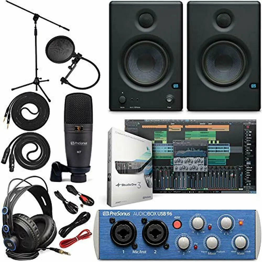 Presonus AudioBox 96 Audio Interface Full Studio Bundle with Studio One Artist Software Pack w/Eris 4.5 Pair Studio Monitors and 1/4" TRS to TRS Instrument Cable