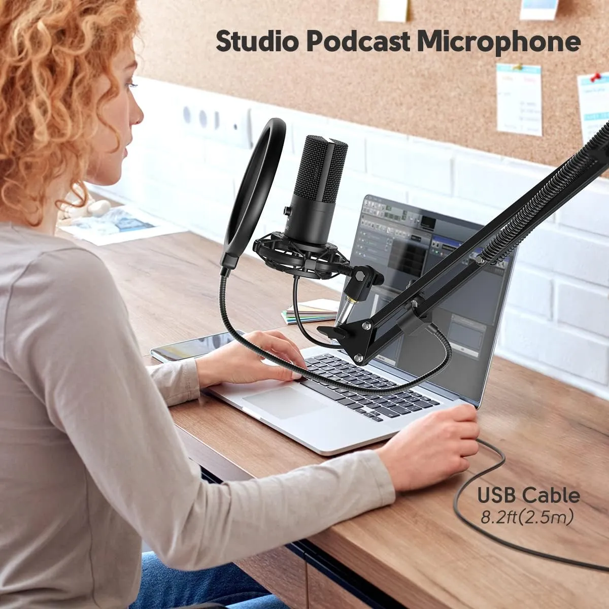 Studio Condenser USB Microphone, Computer PC Microphone Kit with Adjustable Boom Arm Stand Shock Mount for Instruments