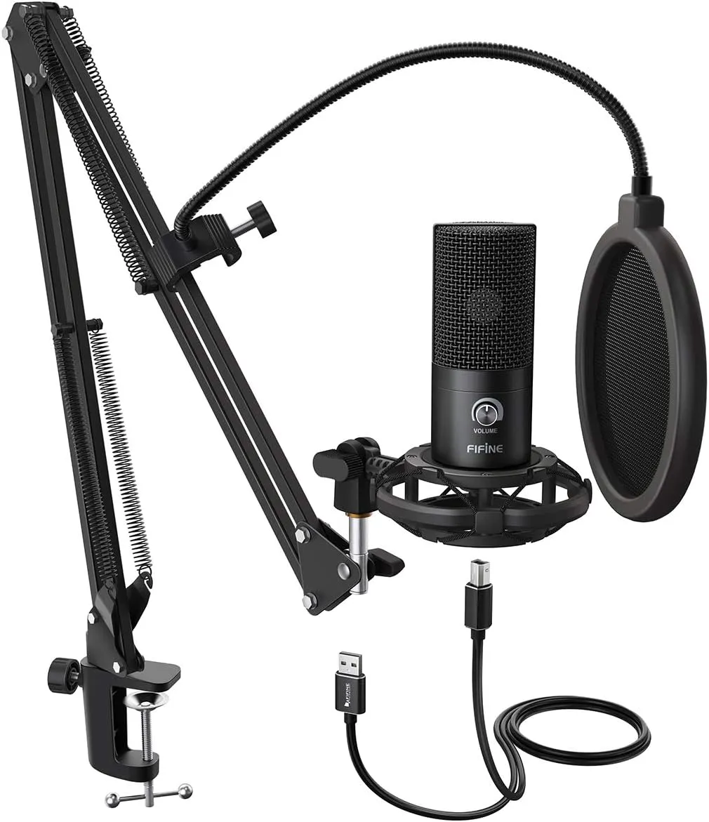 Studio Condenser USB Microphone, Computer PC Microphone Kit with Adjustable Boom Arm Stand Shock Mount for Instruments