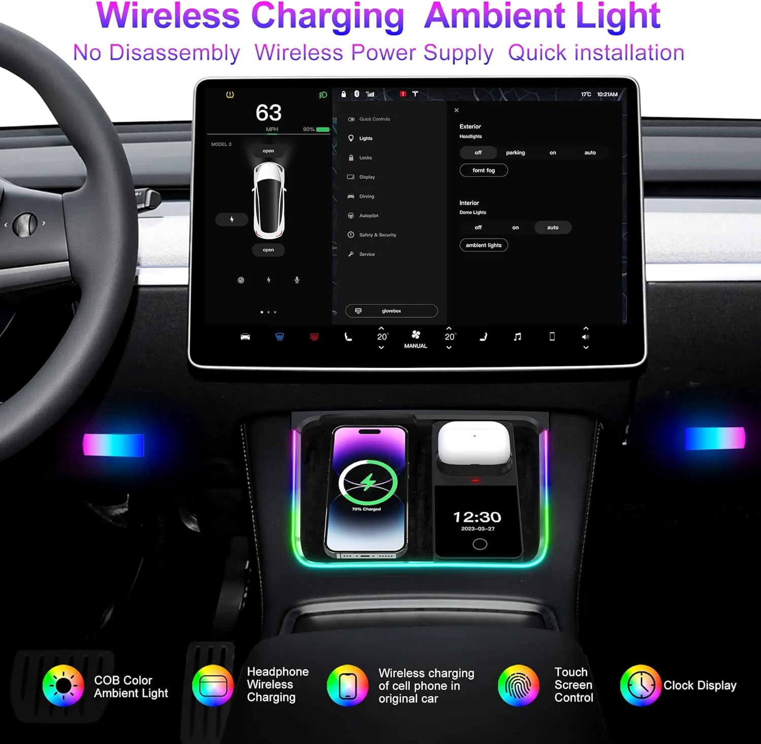 T7 Tesla Model 3 2021-2023 / Model Y 2021-2024 Interior Ambient COB LED Light Kit Wireless Earphone Charger