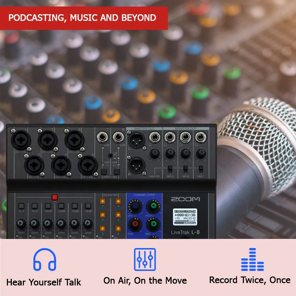 Zoom LiveTrak L-8 Portable Podcast 8-Track Digital Mixer And Multitrack Recorder   Microphone Accessory Kit