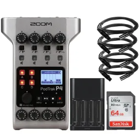 Zoom PodTrak P4 Portable Multitrack Podcast Recorder with 64GB Memory Card   Pig Hog 8mm XLR Microphone Cable