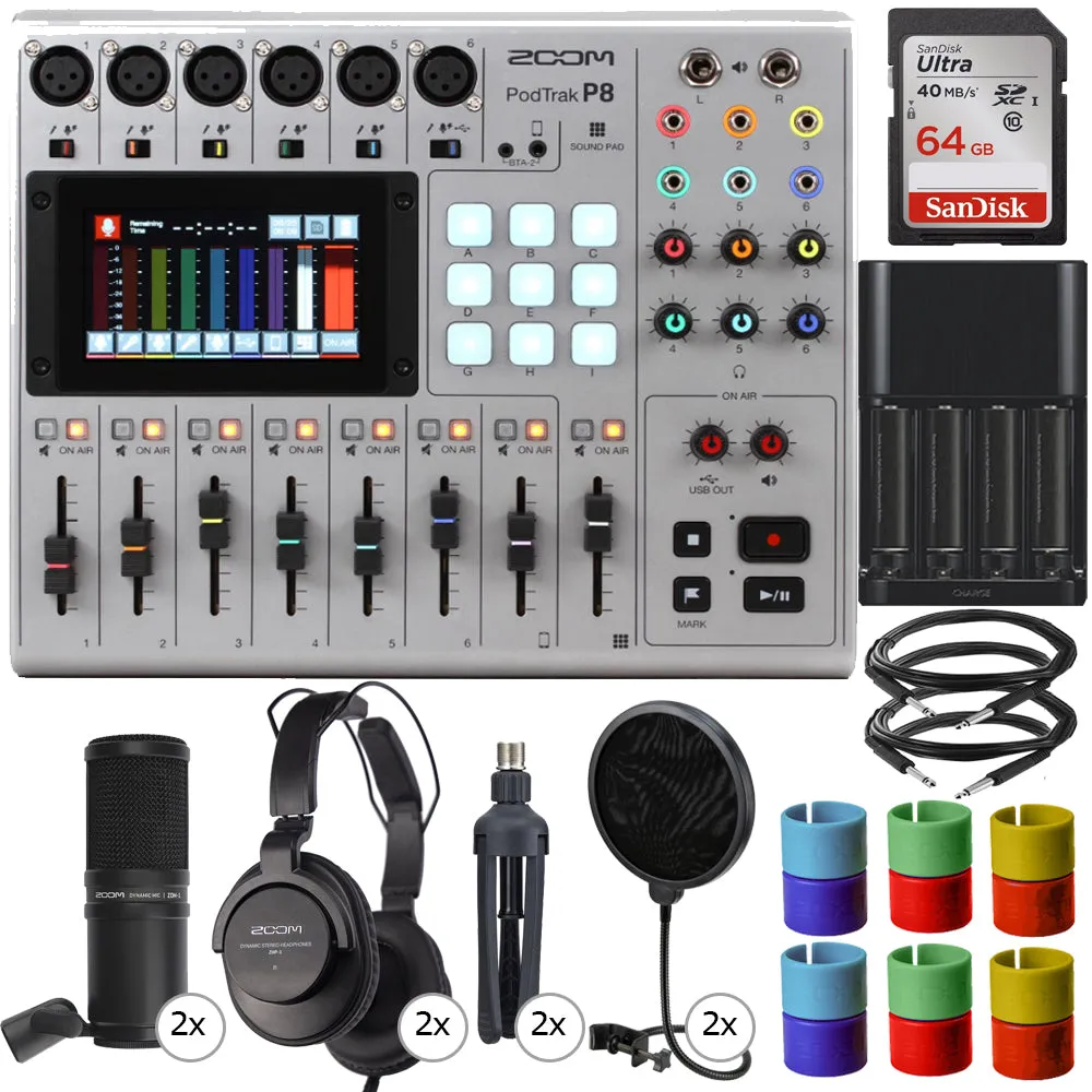 Zoom PodTrak P8 Portable Multitrack Podcast Recorder   2x Zoom ZDM-1 Podcast Mic Pack Accessory Bundle